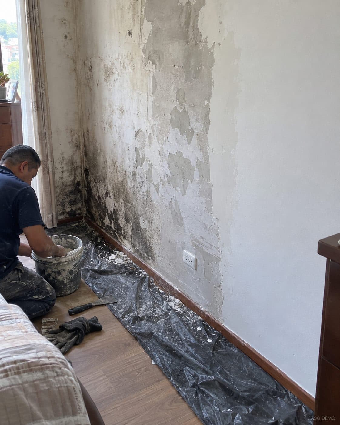 Andrés prepara la mezcla frente a una pared con moho ya raspada