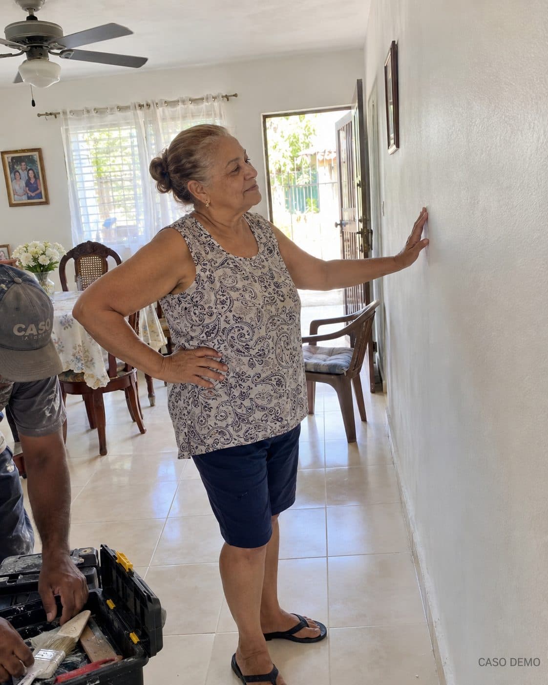 Carmen revisa con la mano la pared terminada de su casa