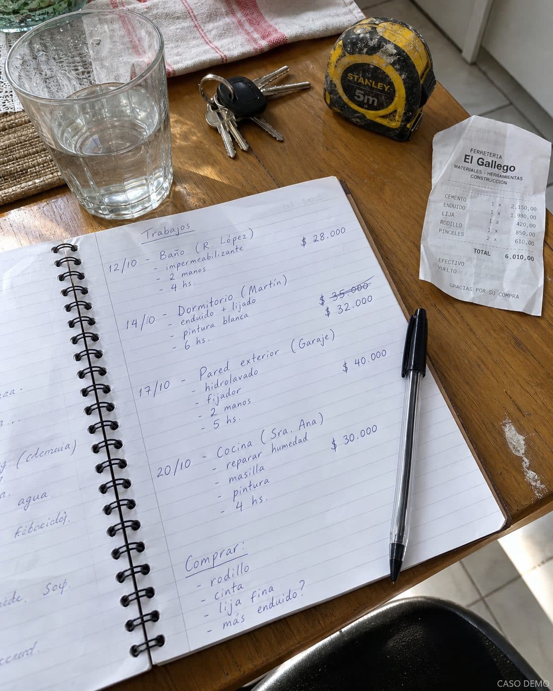 El cuaderno de Diego con los trabajos anotados, los montos y el ticket de la ferretería