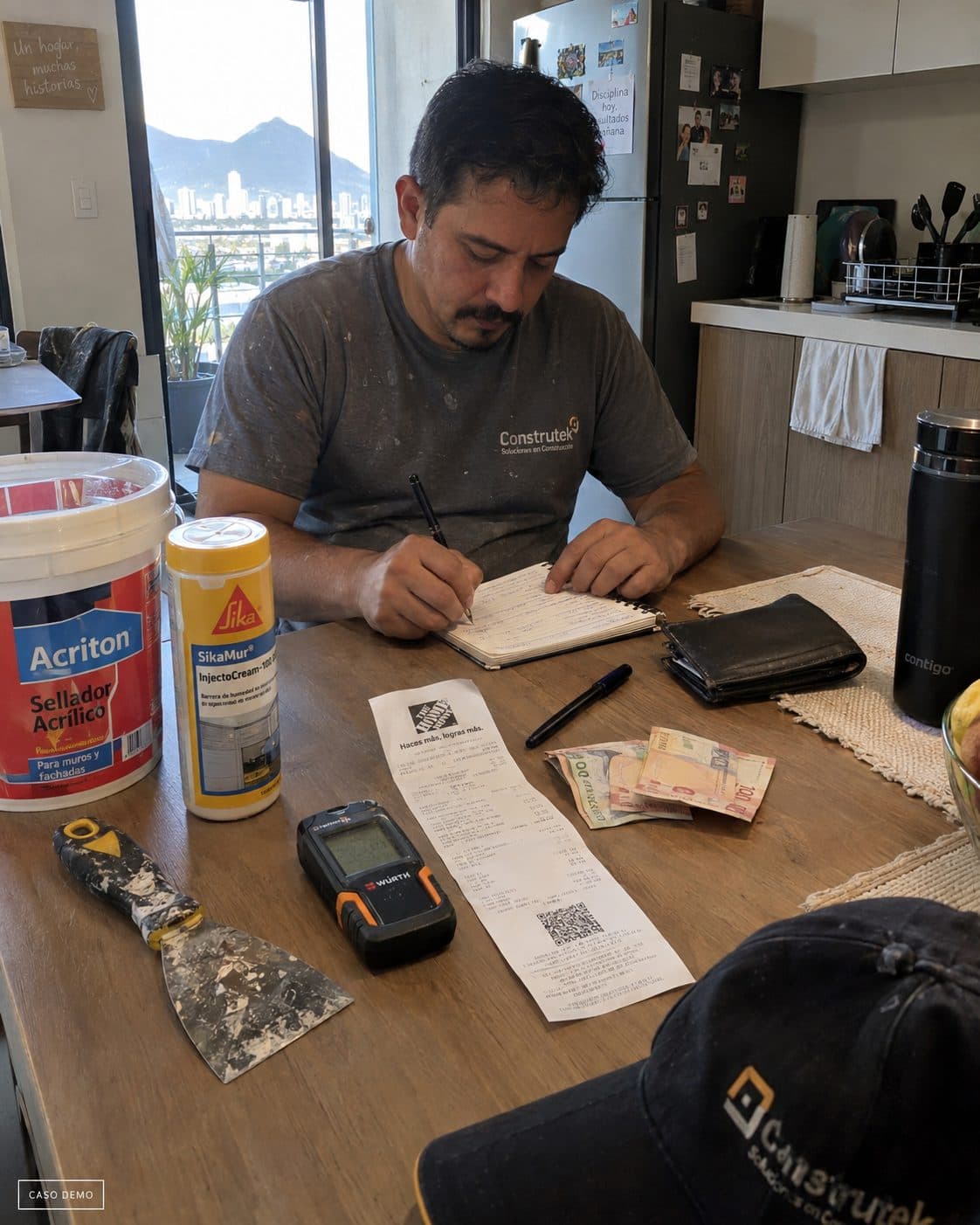 Javier anota los trabajos del mes en su cuaderno, con el medidor y el dinero sobre la mesa