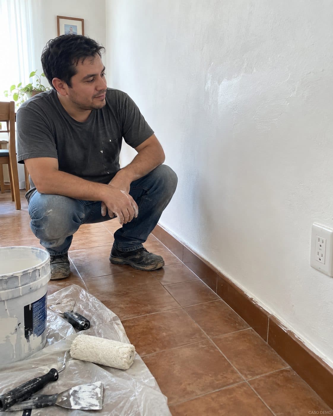 Luis, en cuclillas, mira la pared que acaba de terminar