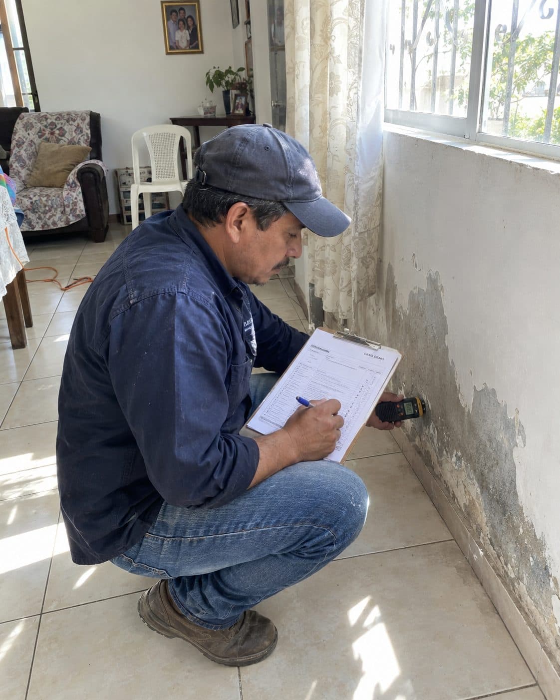 Óscar, en cuclillas, mide la humedad de un muro y anota en su planilla