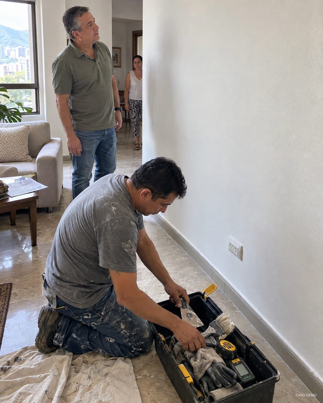 Wilson saca las herramientas de la caja mientras los dueños de casa miran la pared